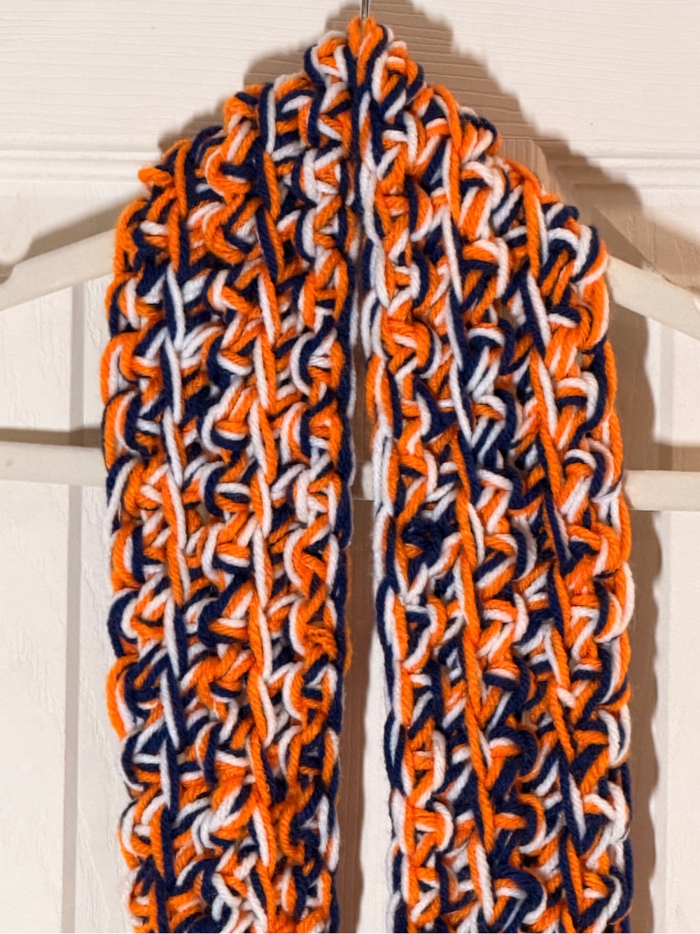 Handmade Kids Knit Scarf in Orange, Navy & White